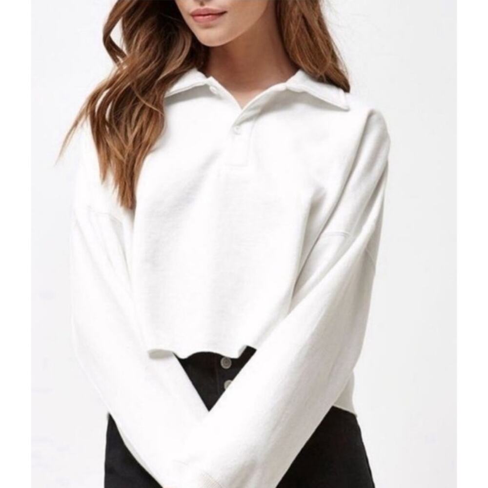 aerie Fleece of Mind Cropped Polo White Raw Hem Slouchy Sweatshirt Medium